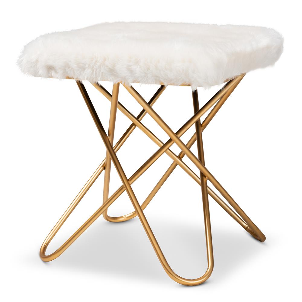 Valle Glam and Luxe White Faux Fur Upholstered Gold Finished Metal Ottoman. Picture 8