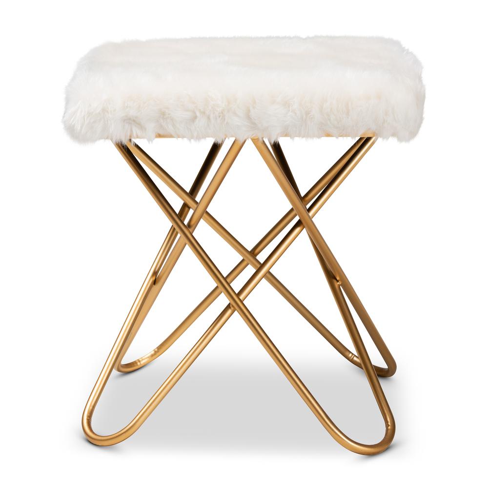 Valle Glam and Luxe White Faux Fur Upholstered Gold Finished Metal Ottoman. Picture 9