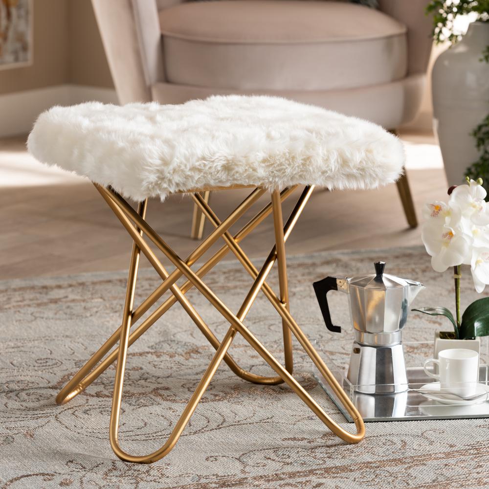 Valle Glam and Luxe White Faux Fur Upholstered Gold Finished Metal Ottoman. Picture 12