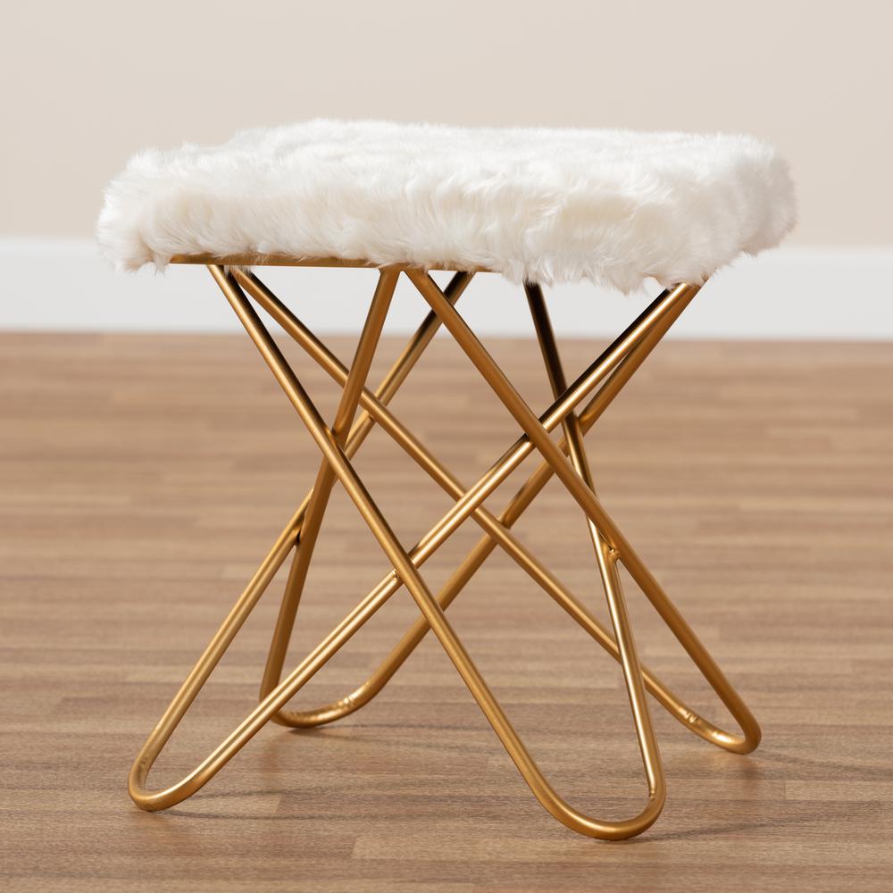 Baxton Studio Valle Glam and Luxe White Faux Fur Upholstered Gold Finished Metal Ottoman. Picture 14