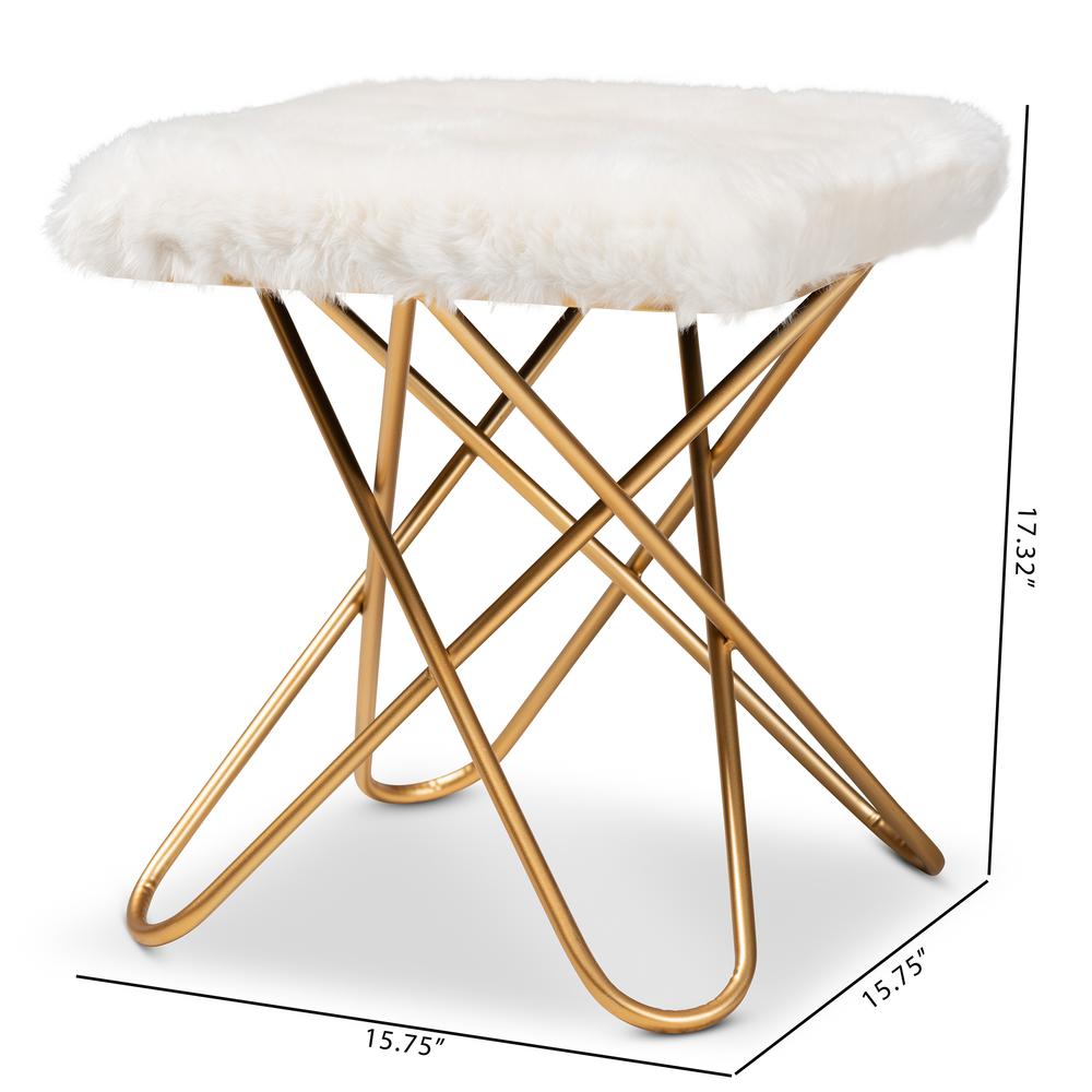 Baxton Studio Valle Glam and Luxe White Faux Fur Upholstered Gold Finished Metal Ottoman. Picture 15