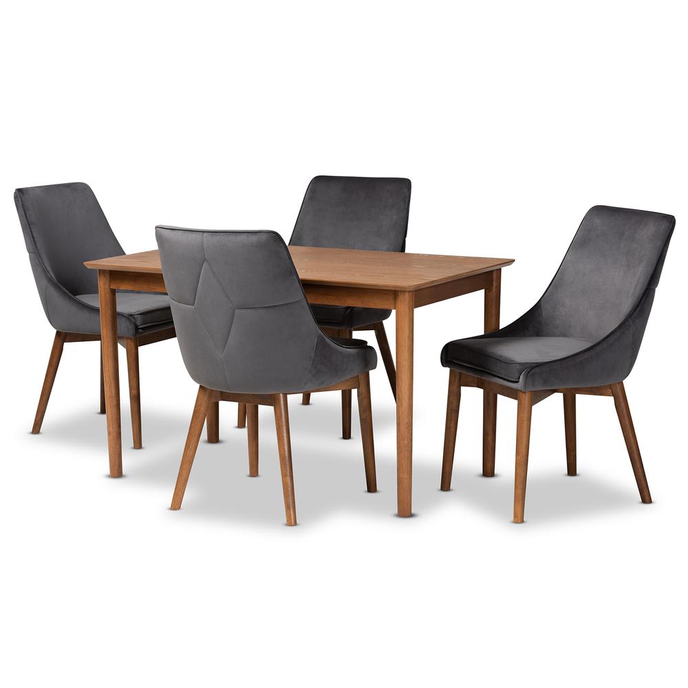 Grey Velvet Fabric Upholstered and Walnut Brown Finished Wood 5-Piece Dining Set. Picture 10