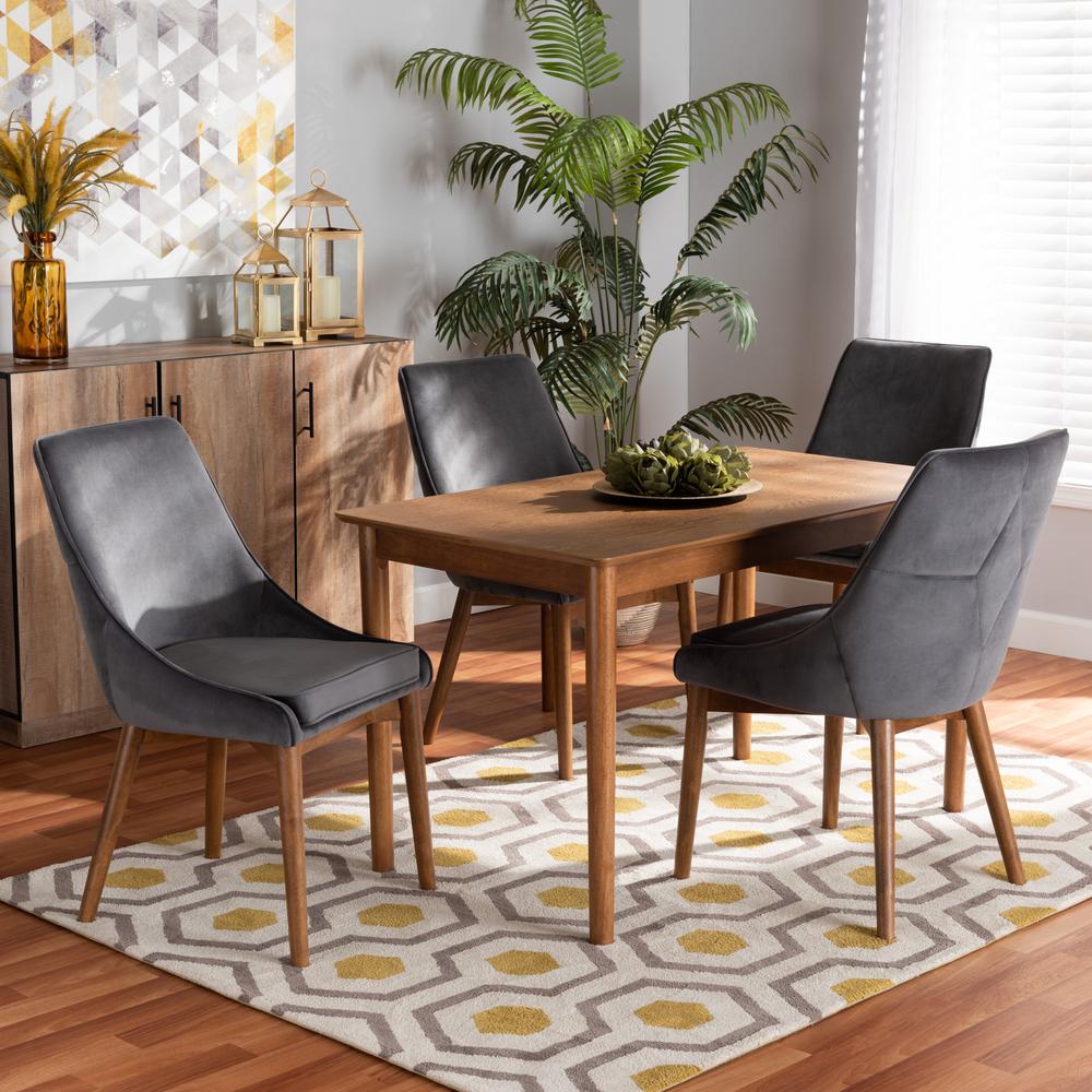 Grey Velvet Fabric Upholstered and Walnut Brown Finished Wood 5-Piece Dining Set. Picture 16