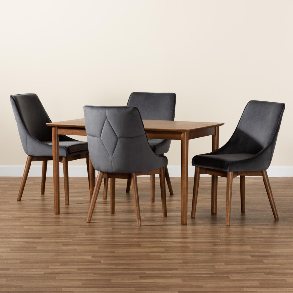 Grey Velvet Fabric Upholstered and Walnut Brown Finished Wood 5-Piece Dining Set. Picture 17