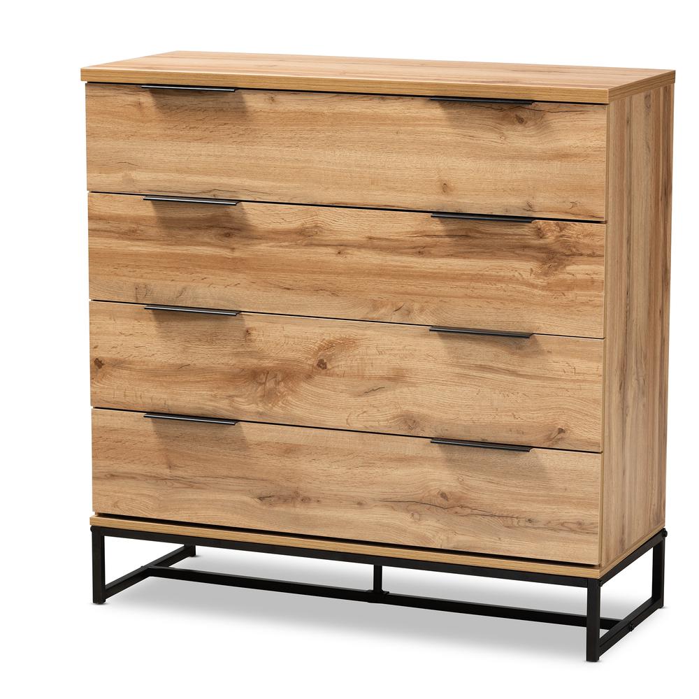 Industrial Oak Finished Wood and Black Metal 4-Drawer Dresser. Picture 10