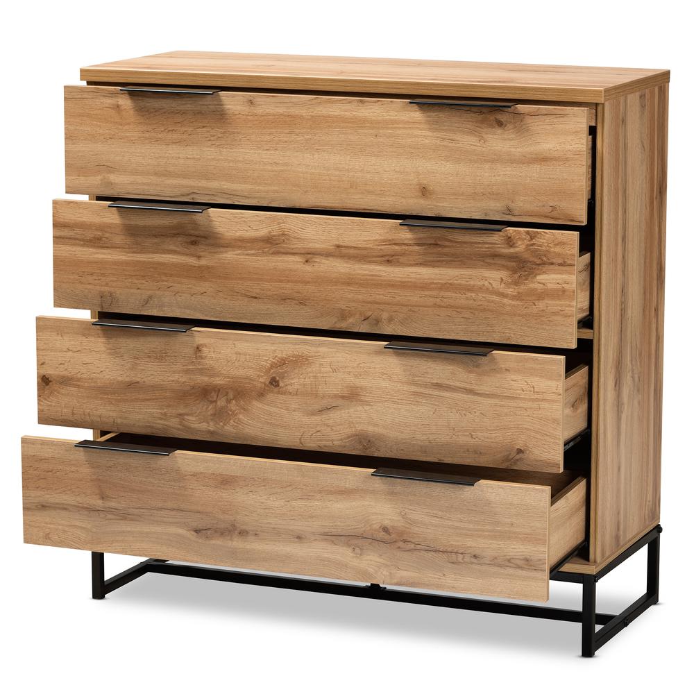 Industrial Oak Finished Wood and Black Metal 4-Drawer Dresser. Picture 11
