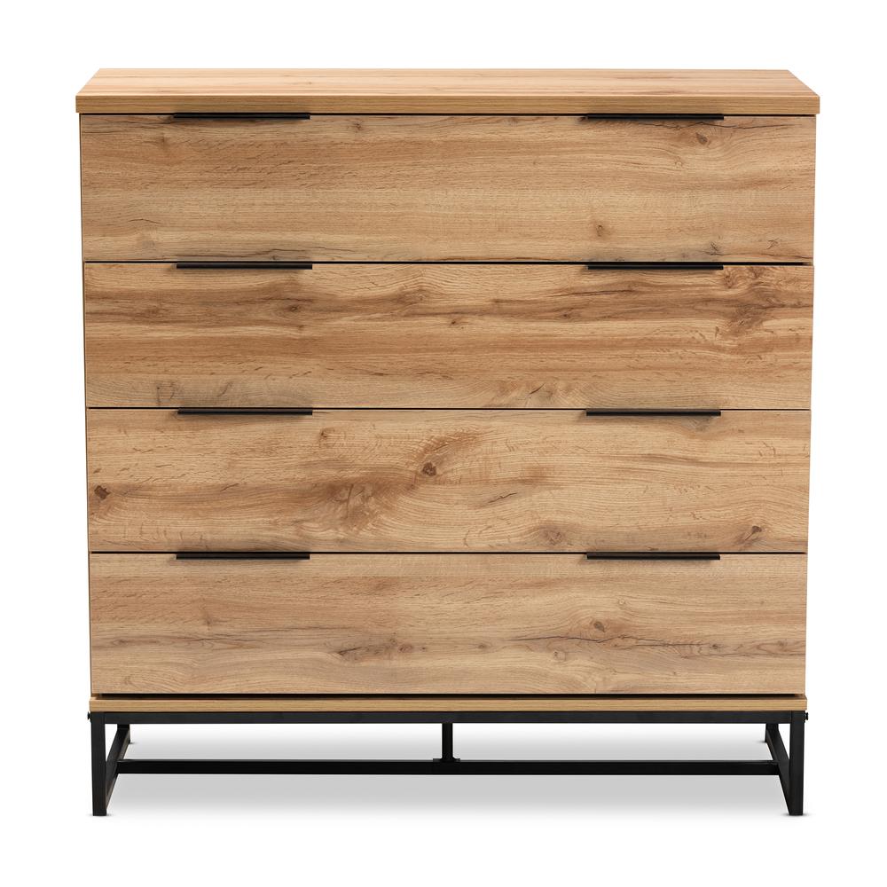 Industrial Oak Finished Wood and Black Metal 4-Drawer Dresser. Picture 12