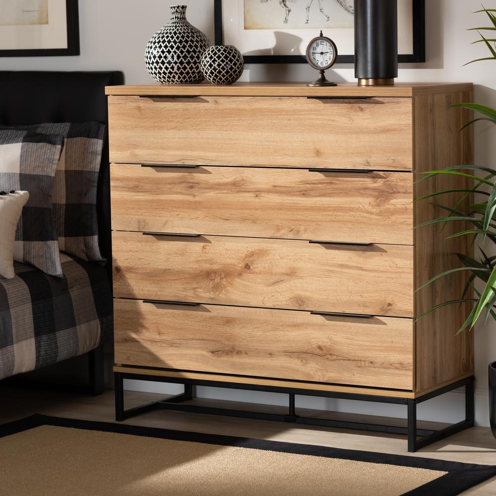 Industrial Oak Finished Wood and Black Metal 4-Drawer Dresser. Picture 16