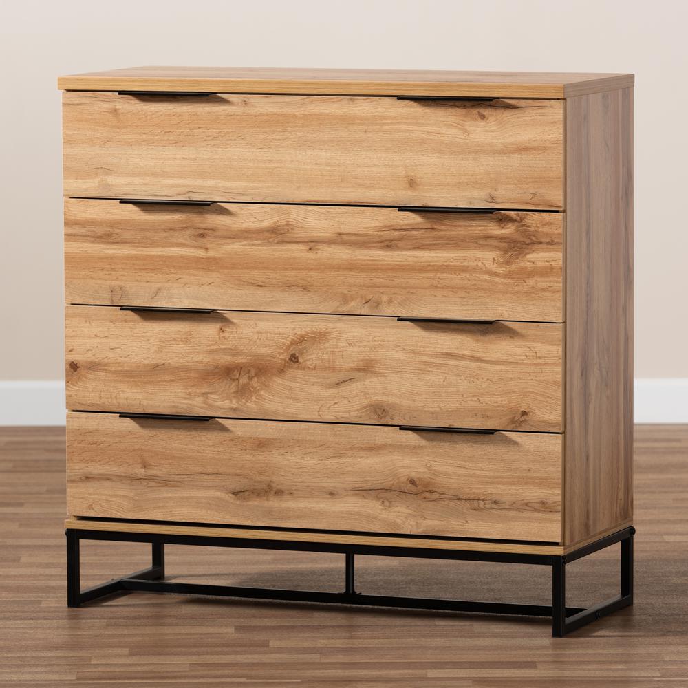 Industrial Oak Finished Wood and Black Metal 4-Drawer Dresser. Picture 17