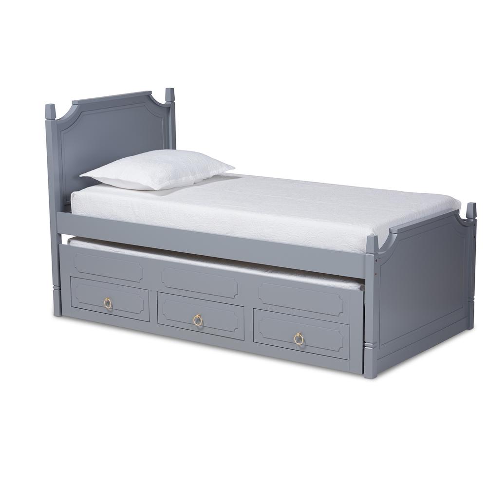 Grey Finished Wood Twin Size 3-Drawer Storage Bed with Pull-Out Trundle Bed. Picture 12