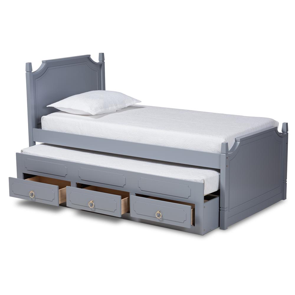 Grey Finished Wood Twin Size 3-Drawer Storage Bed with Pull-Out Trundle Bed. Picture 13