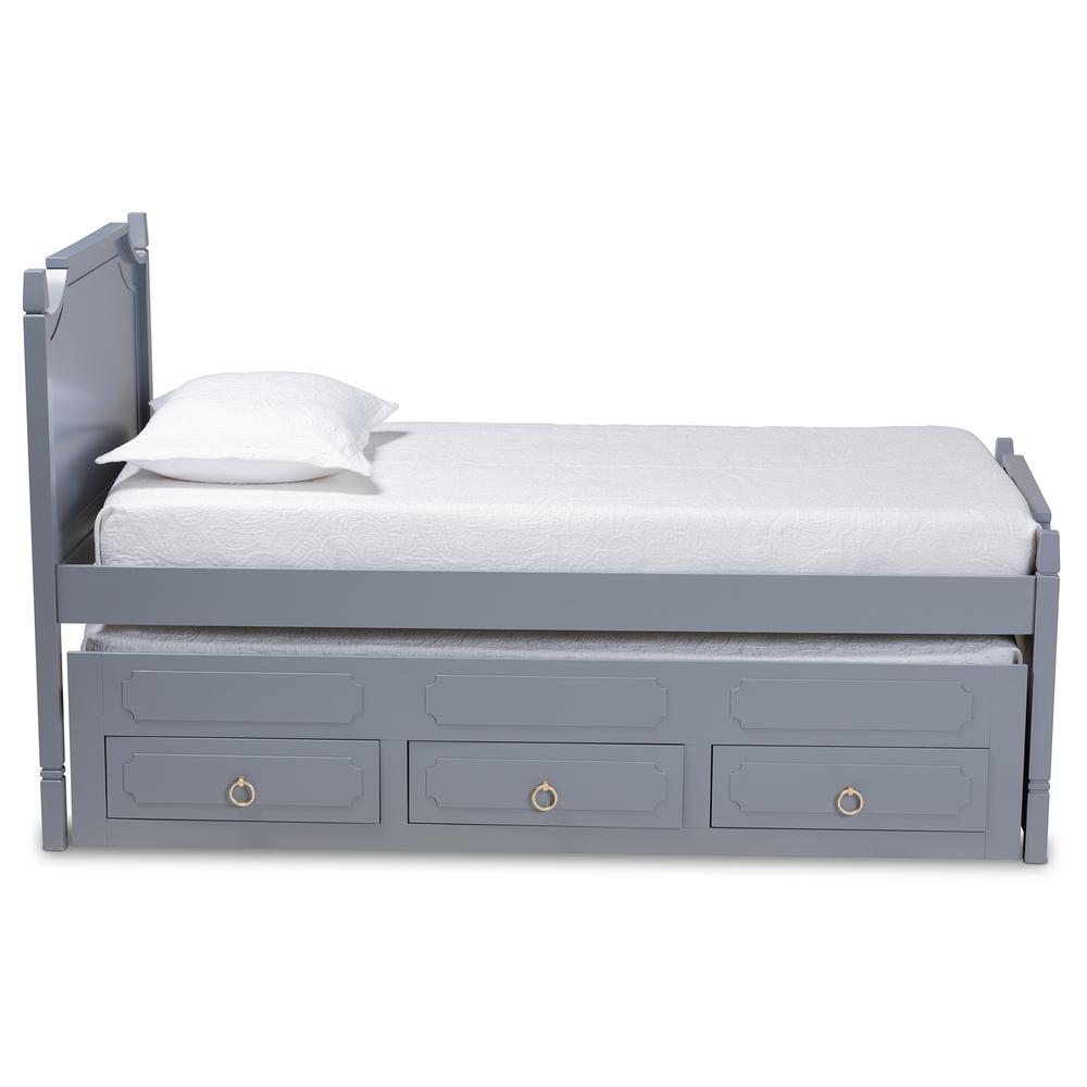 Grey Finished Wood Twin Size 3-Drawer Storage Bed with Pull-Out Trundle Bed. Picture 14