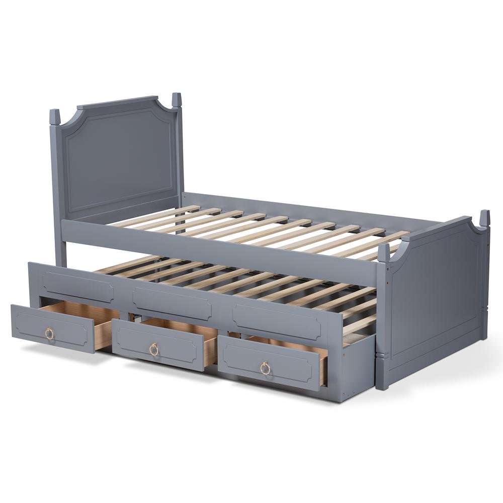 Grey Finished Wood Twin Size 3-Drawer Storage Bed with Pull-Out Trundle Bed. Picture 16