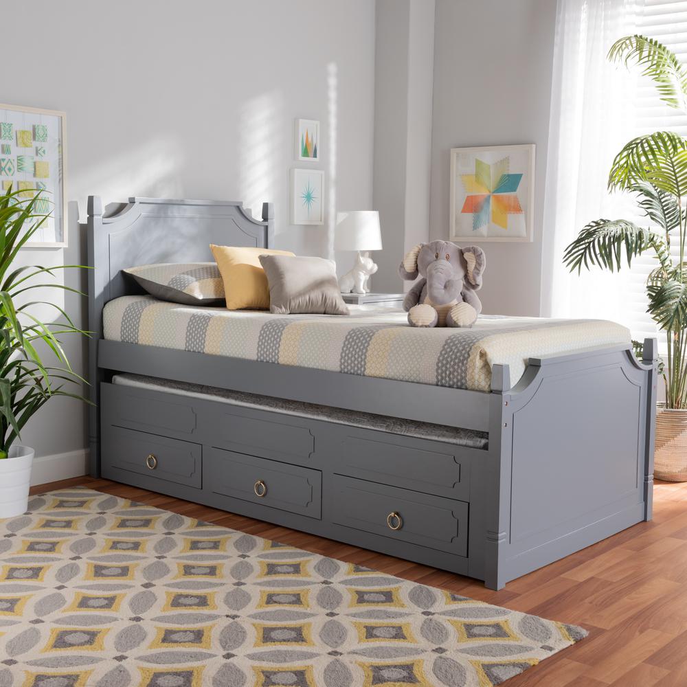 Grey Finished Wood Twin Size 3-Drawer Storage Bed with Pull-Out Trundle Bed. Picture 19