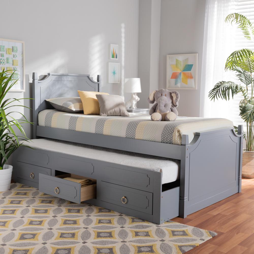 Grey Finished Wood Twin Size 3-Drawer Storage Bed with Pull-Out Trundle Bed. Picture 20