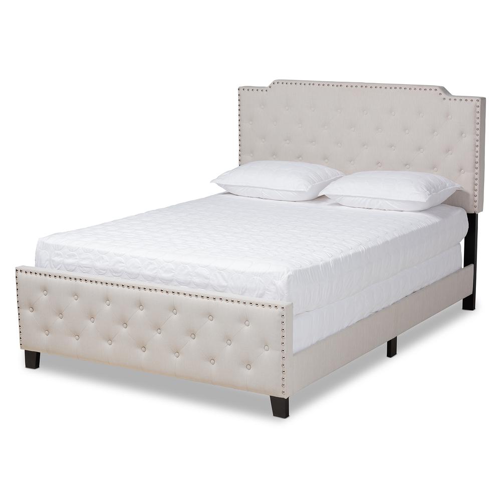 Marion Modern Transitional Beige Fabric Upholstered Button Tufted Queen Size Panel Bed. Picture 1