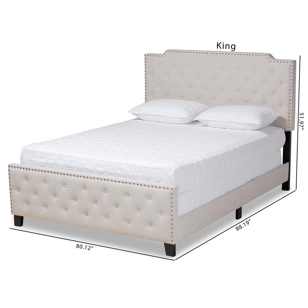 Marion Modern Transitional Beige Fabric Upholstered Button Tufted Queen Size Panel Bed. Picture 10