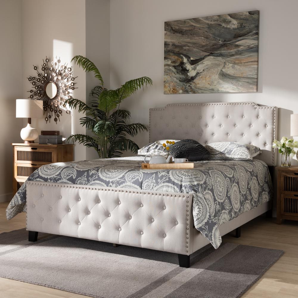 Marion Modern Transitional Beige Fabric Upholstered Button Tufted Queen Size Panel Bed. Picture 6