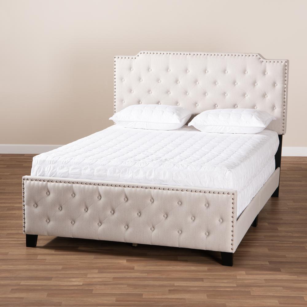 Marion Modern Transitional Beige Fabric Upholstered Button Tufted Queen Size Panel Bed. Picture 7