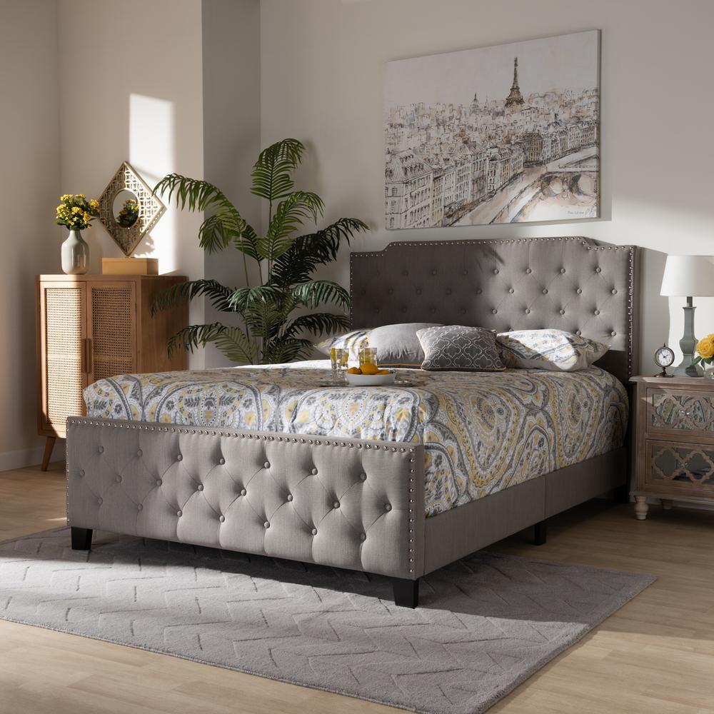 Marion Modern Transitional Grey Fabric Upholstered Button Tufted Queen Size Panel Bed. Picture 6
