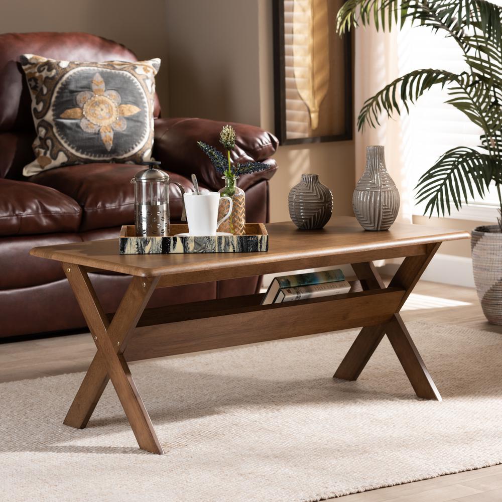 Sarai Modern Transitional Walnut Brown Finished Rectangular Wood Coffee Table. Picture 14