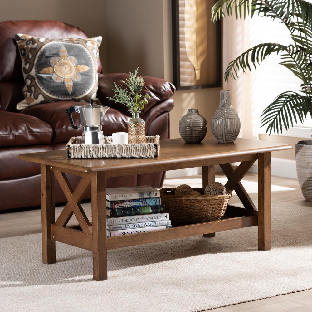 Transitional Walnut Brown Finished Rectangular Wood Coffee Table. Picture 14