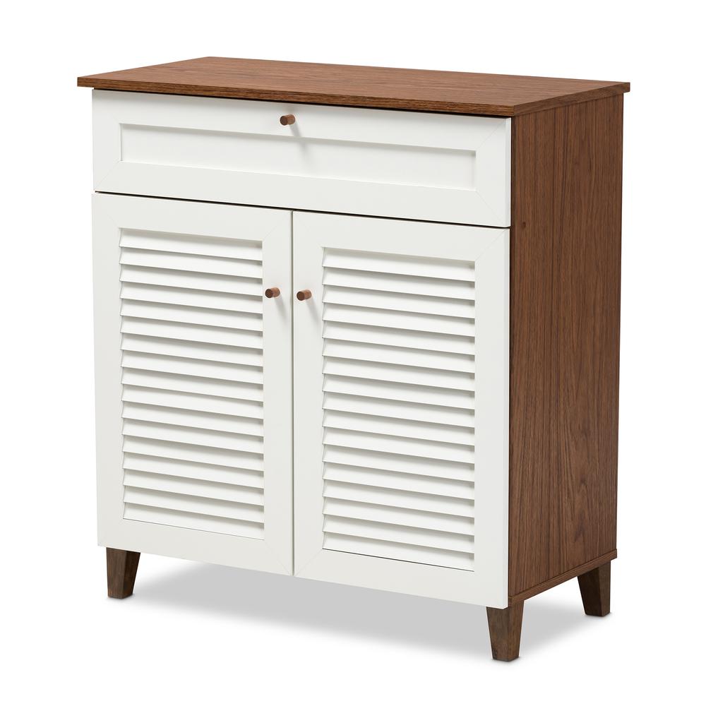 White and Walnut Finished 4-Shelf Wood Shoe Storage Cabinet with Drawer. Picture 11