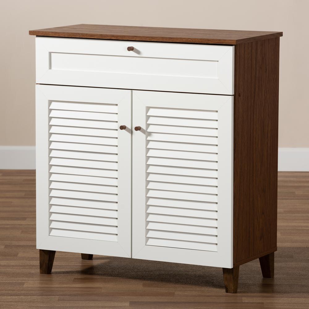 White and Walnut Finished 4-Shelf Wood Shoe Storage Cabinet with Drawer. Picture 19
