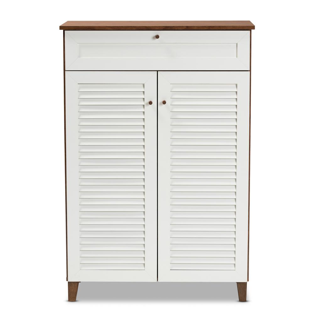 White and Walnut Finished 5-Shelf Wood Shoe Storage Cabinet with Drawer. Picture 13