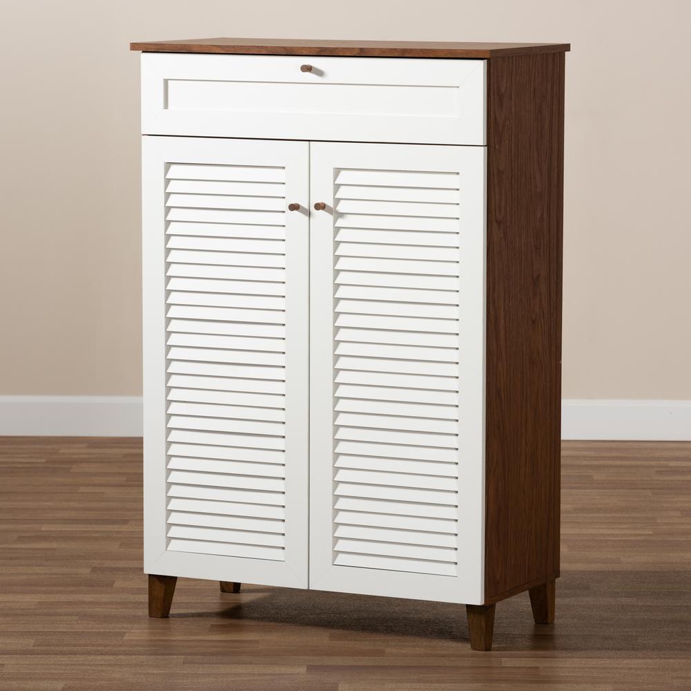 White and Walnut Finished 5-Shelf Wood Shoe Storage Cabinet with Drawer. Picture 19
