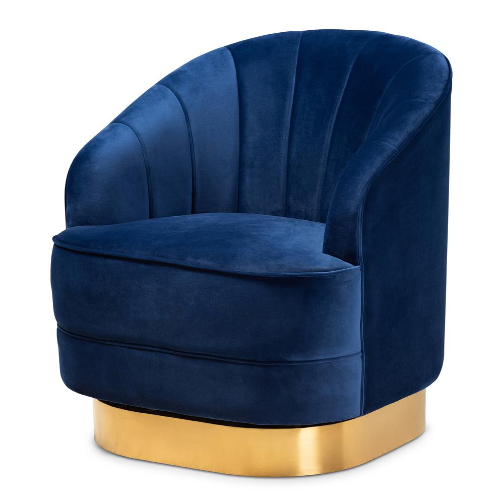 Baxton Studio Fiore Glam and Luxe Royal Blue Velvet Fabric Upholstered Brushed Gold Finished Swivel Accent Chair. Picture 11