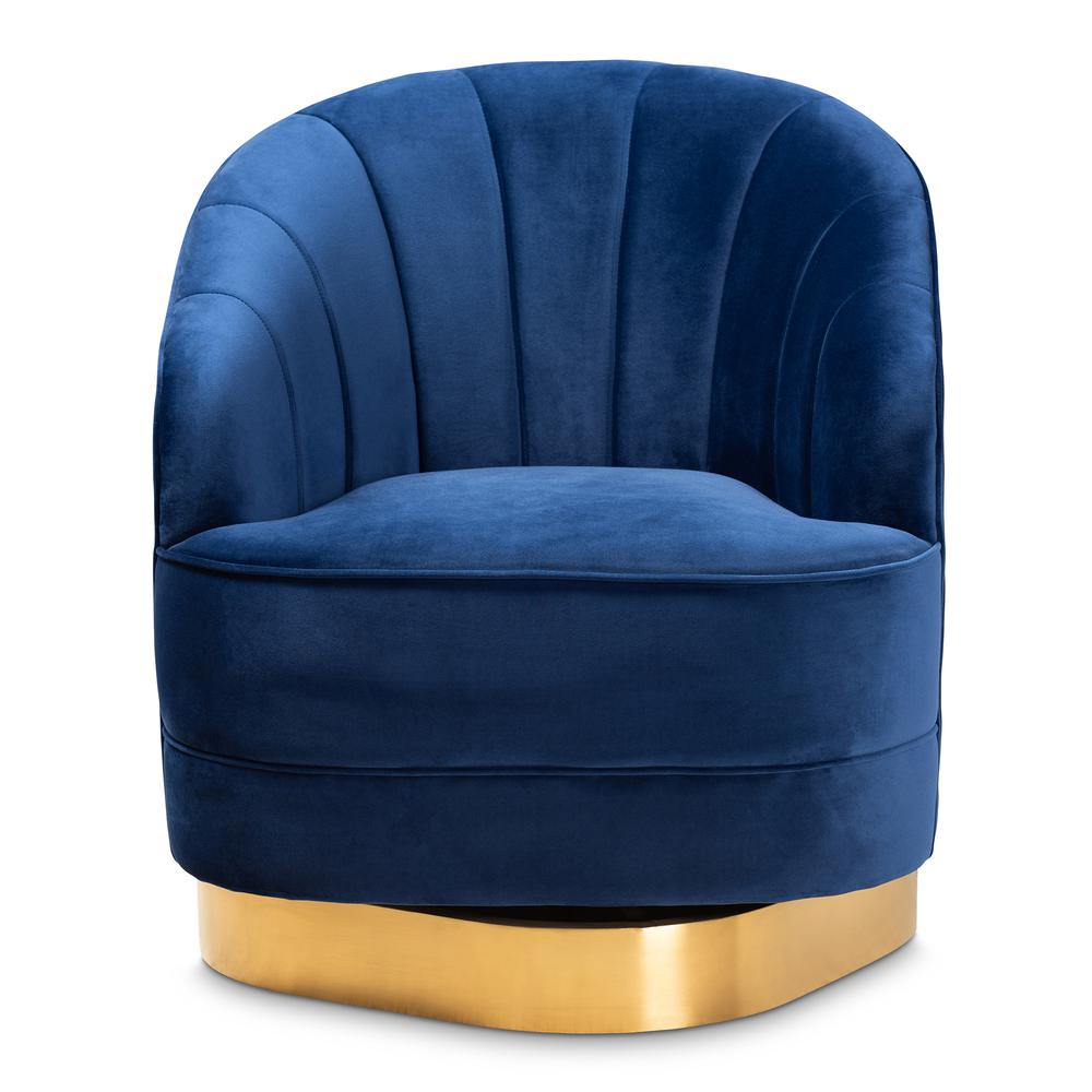 Baxton Studio Fiore Glam and Luxe Royal Blue Velvet Fabric Upholstered Brushed Gold Finished Swivel Accent Chair. Picture 12