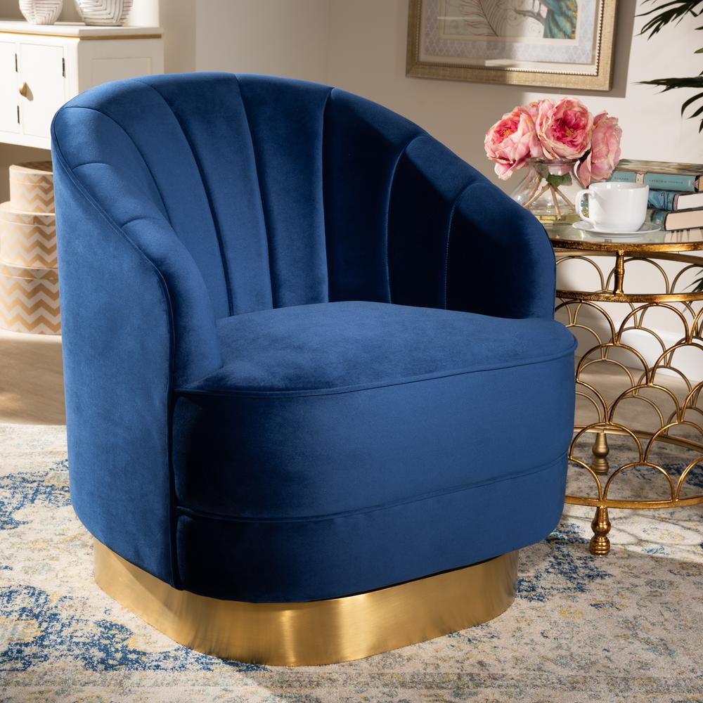 Baxton Studio Fiore Glam and Luxe Royal Blue Velvet Fabric Upholstered Brushed Gold Finished Swivel Accent Chair. Picture 10