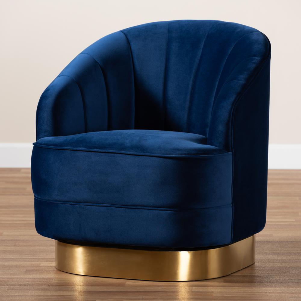 Baxton Studio Fiore Glam and Luxe Royal Blue Velvet Fabric Upholstered Brushed Gold Finished Swivel Accent Chair. Picture 18