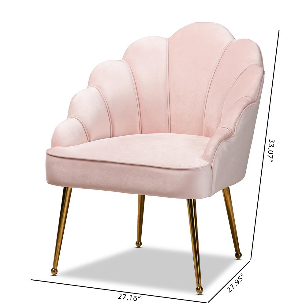 Baxton Studio Cinzia Glam and Luxe Light Pink Velvet Fabric Upholstered Gold Finished Seashell Shaped Accent Chair. Picture 19