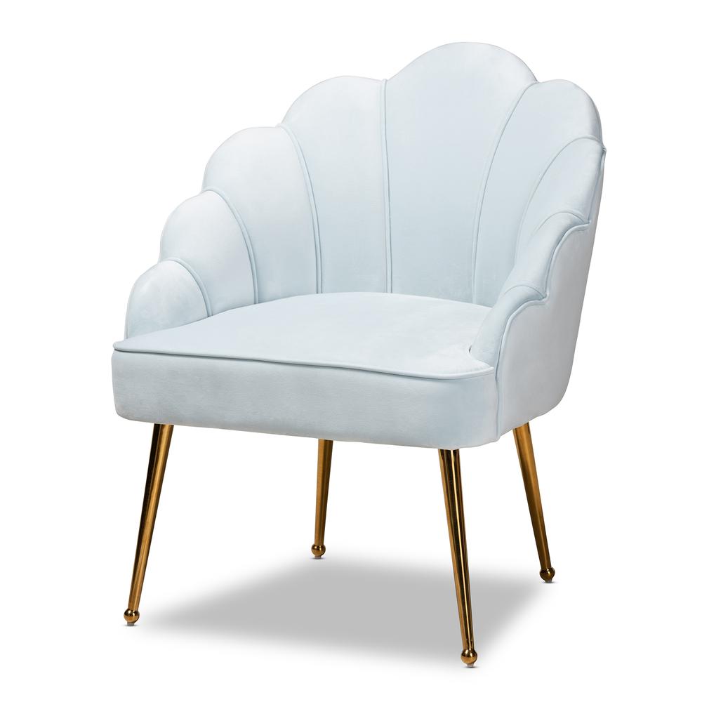 Baxton Studio Cinzia Glam and Luxe Light Blue Velvet Fabric Upholstered Gold Finished Seashell Shaped Accent Chair. Picture 11