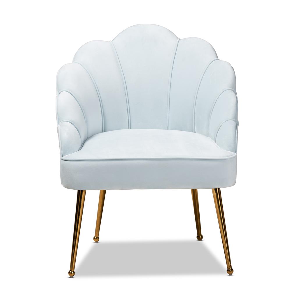 Baxton Studio Cinzia Glam and Luxe Light Blue Velvet Fabric Upholstered Gold Finished Seashell Shaped Accent Chair. Picture 12