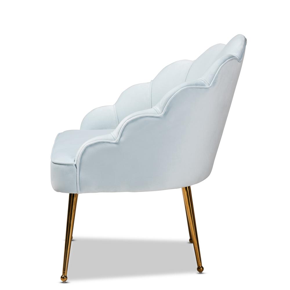 Baxton Studio Cinzia Glam and Luxe Light Blue Velvet Fabric Upholstered Gold Finished Seashell Shaped Accent Chair. Picture 13