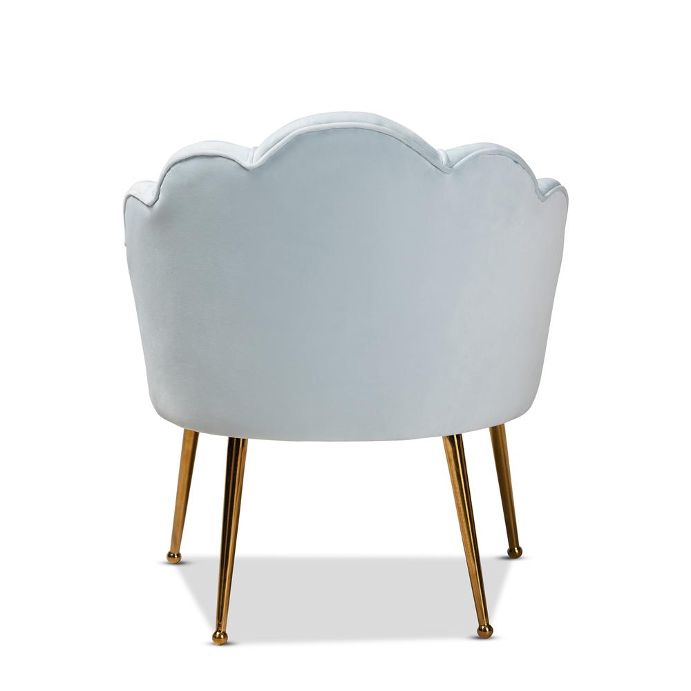 Baxton Studio Cinzia Glam and Luxe Light Blue Velvet Fabric Upholstered Gold Finished Seashell Shaped Accent Chair. Picture 14