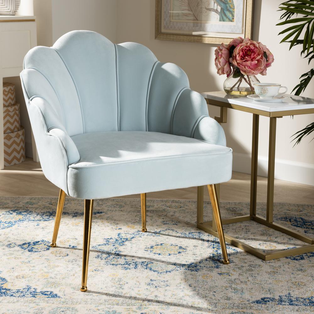 Baxton Studio Cinzia Glam and Luxe Light Blue Velvet Fabric Upholstered Gold Finished Seashell Shaped Accent Chair. Picture 10