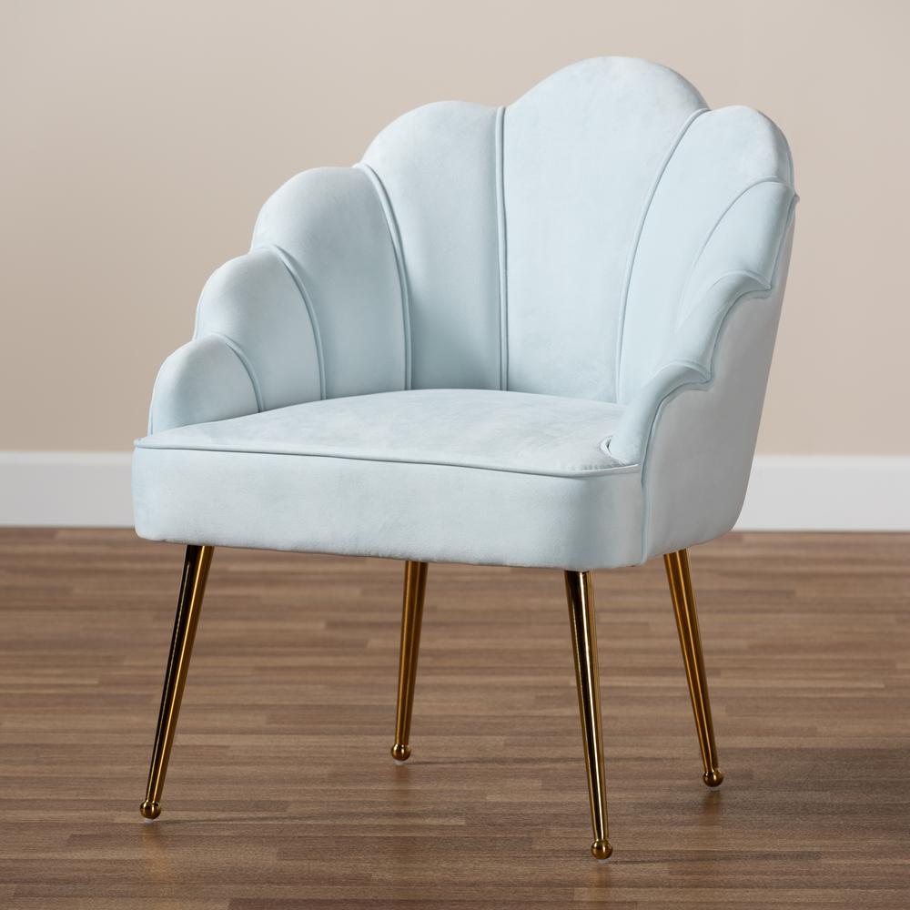 Baxton Studio Cinzia Glam and Luxe Light Blue Velvet Fabric Upholstered Gold Finished Seashell Shaped Accent Chair. Picture 18