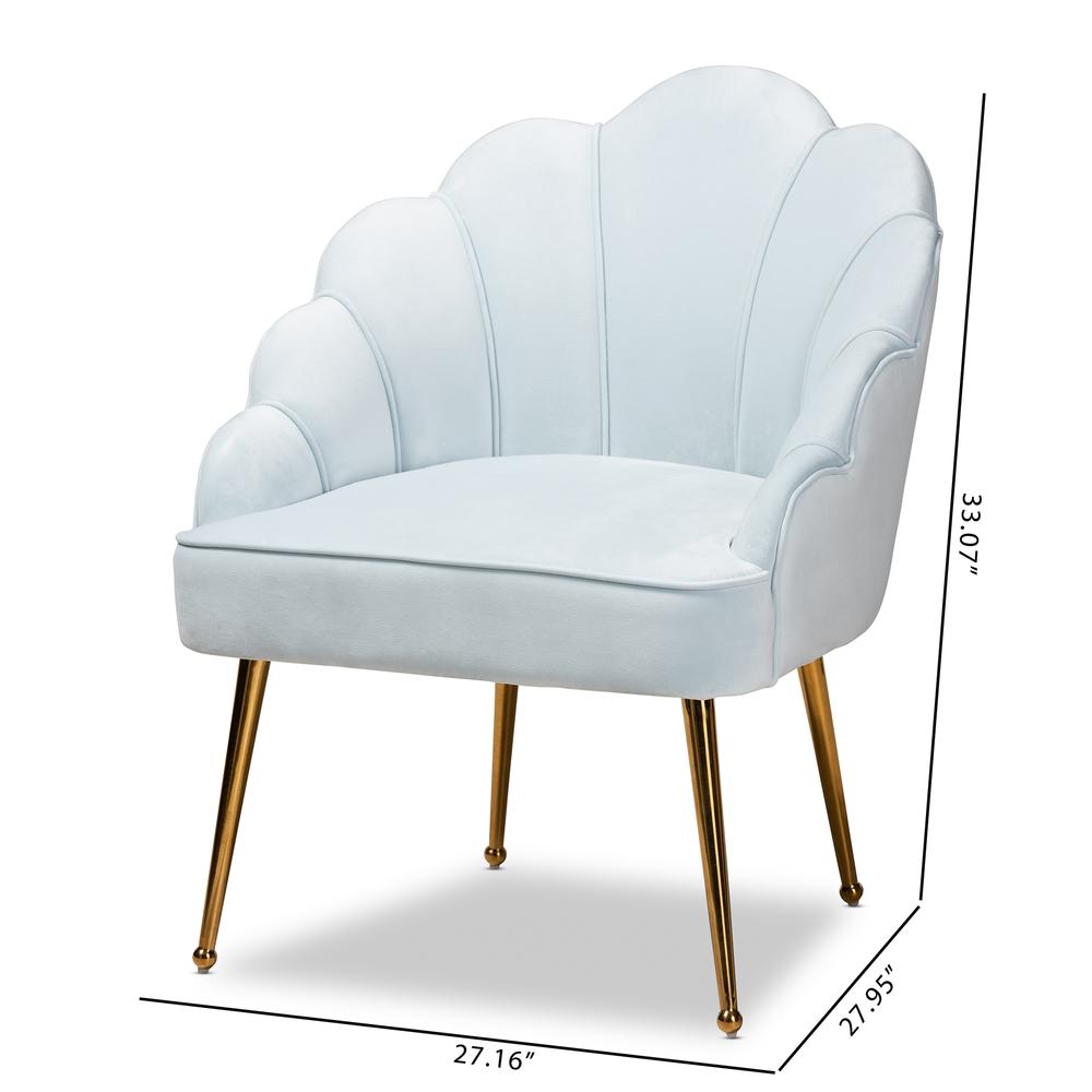 Baxton Studio Cinzia Glam and Luxe Light Blue Velvet Fabric Upholstered Gold Finished Seashell Shaped Accent Chair. Picture 19