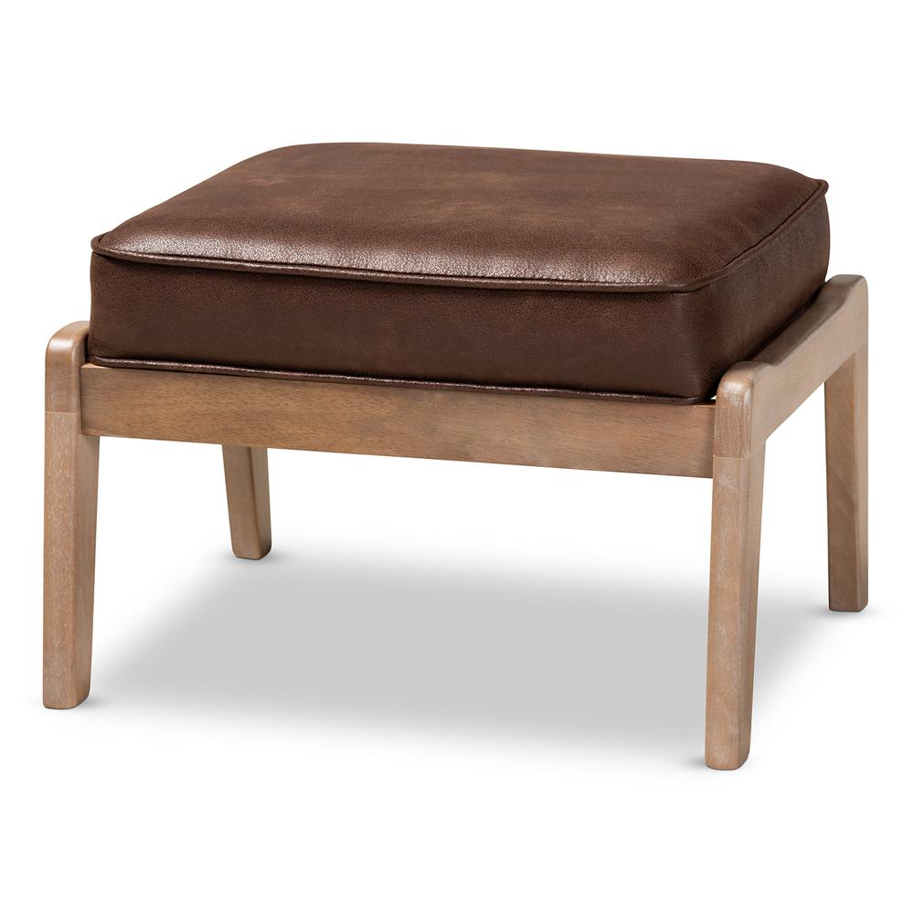 Leather Effect Fabric Upholstered Antique Oak Finished Wood Ottoman. Picture 8