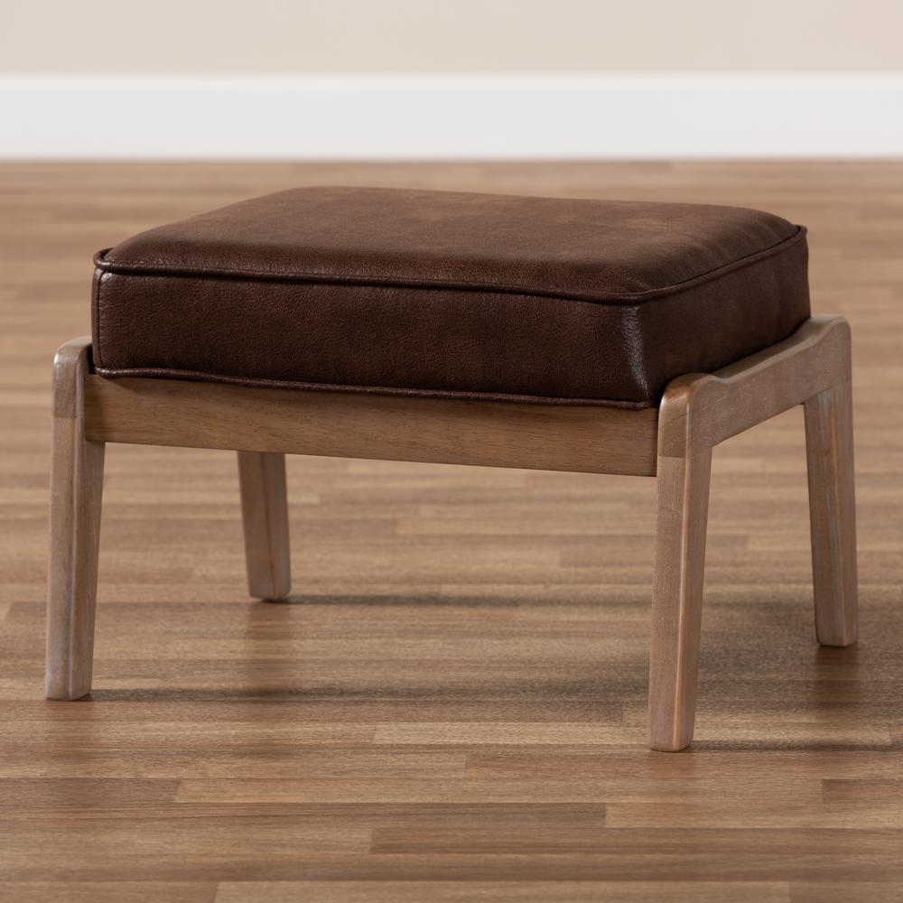 Leather Effect Fabric Upholstered Antique Oak Finished Wood Ottoman. Picture 13