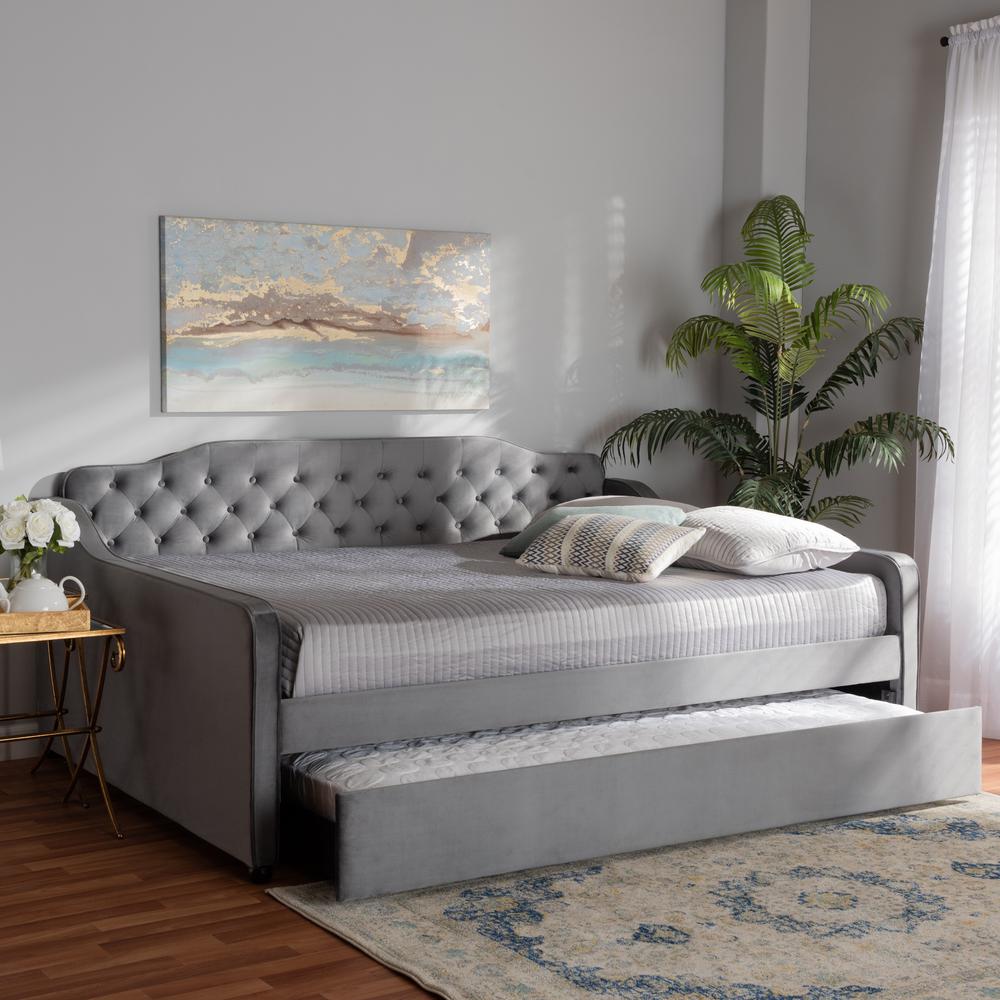 Grey Velvet Fabric Upholstered and Button Tufted Full Size Daybed with Trundle. Picture 21