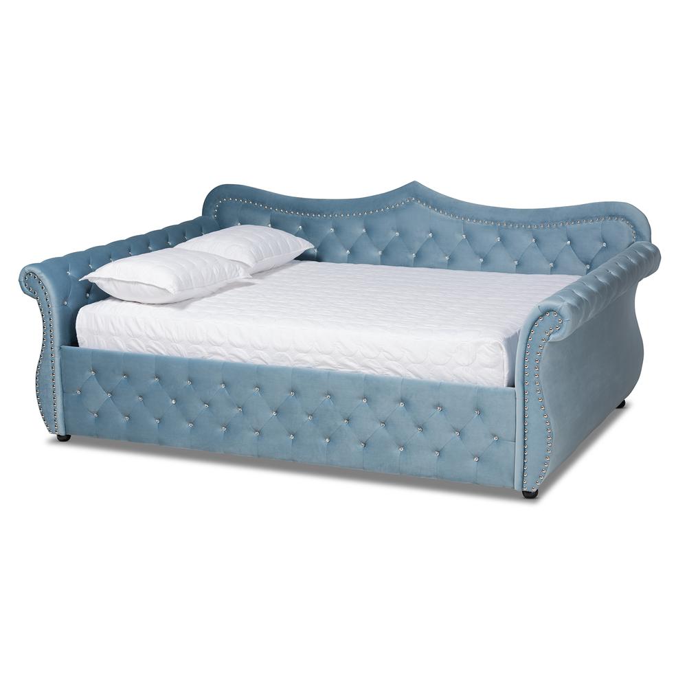 Light Blue Velvet and Crystal Tufted Queen Size Daybed. Picture 1
