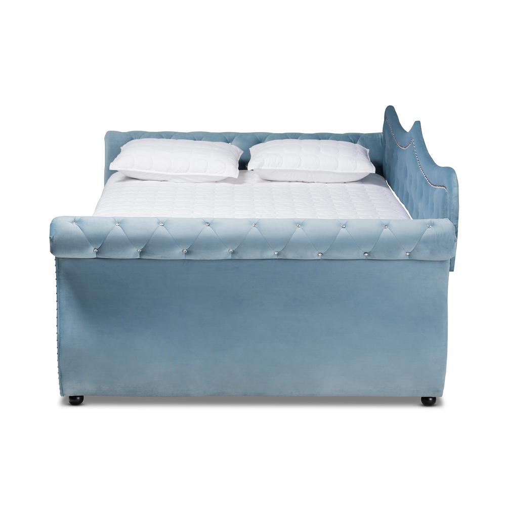 Light Blue Velvet and Crystal Tufted Queen Size Daybed. Picture 2