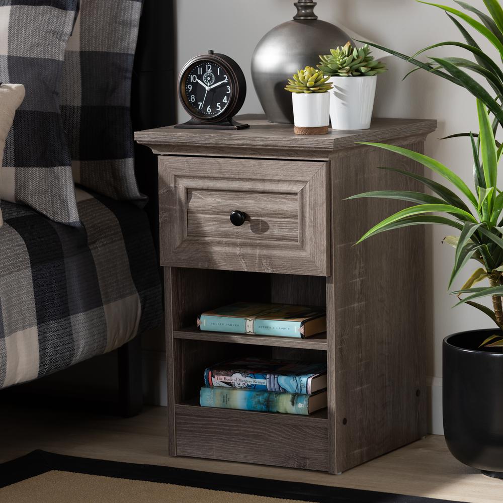 Dara Traditional Transitional Grey Brown Oak Finished 1-Drawer Wood Nightstand. Picture 14