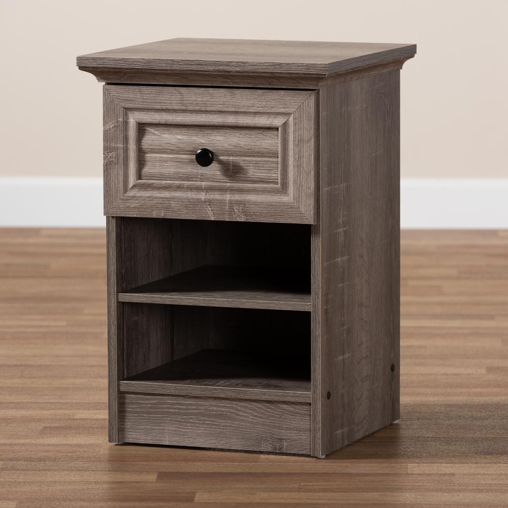 Dara Traditional Transitional Grey Brown Oak Finished 1-Drawer Wood Nightstand. Picture 15