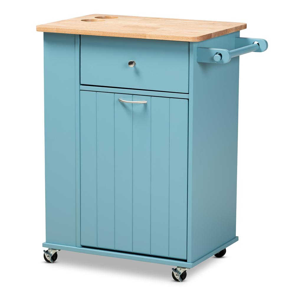 Liona Modern and Contemporary Sky Blue Finished Wood Kitchen Storage Cart. Picture 15